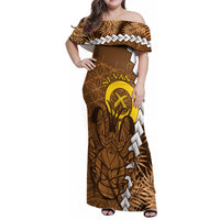 Vanuatu Coconut Crab Family Matching Off Shoulder Maxi Dress and Hawaiian Shirt Ni-Van Tropical Leaves With Sand Drawing Art LT14 Mom's Dress Brown - Polynesian Pride