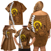 Vanuatu Coconut Crab Family Matching Off Shoulder Short Dress and Hawaiian Shirt Ni-Van Tropical Leaves With Sand Drawing Art LT14 - Polynesian Pride