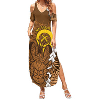 Vanuatu Coconut Crab Family Matching Summer Maxi Dress and Hawaiian Shirt Ni-Van Tropical Leaves With Sand Drawing Art LT14 Mom's Dress Brown - Polynesian Pride