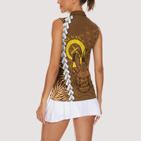 Vanuatu Coconut Crab Women Sleeveless Polo Shirt Ni-Van Tropical Leaves With Sand Drawing Art LT14 - Polynesian Pride