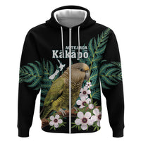 Personalised New Zealand Kakapo Zip Hoodie Aotearoa Fern With Manuka LT14 Zip Hoodie Black - Polynesian Pride