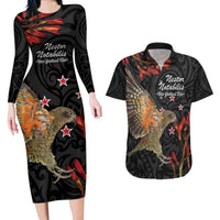 Personalised New Zealand Kea Couples Matching Long Sleeve Bodycon Dress and Hawaiian Shirt Nestor Notabilis With Harakeke Maori Pattern LT14 Black - Polynesian Pride