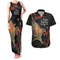 Personalised New Zealand Kea Couples Matching Tank Maxi Dress and Hawaiian Shirt Nestor Notabilis With Harakeke Maori Pattern LT14 Black - Polynesian Pride