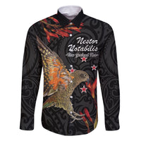 Personalised New Zealand Kea Family Matching Off The Shoulder Long Sleeve Dress and Hawaiian Shirt Nestor Notabilis With Harakeke Maori Pattern LT14 Dad's Shirt - Long Sleeve Black - Polynesian Pride