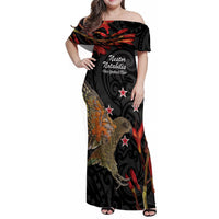 Personalised New Zealand Kea Family Matching Off Shoulder Maxi Dress and Hawaiian Shirt Nestor Notabilis With Harakeke Maori Pattern LT14 Mom's Dress Black - Polynesian Pride