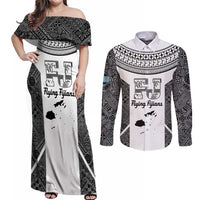 Custom Fiji Tapa Rugby Couples Matching Off Shoulder Maxi Dress and Long Sleeve Button Shirt Flying Fijian Black And White Version LT14 Black - Polynesian Pride