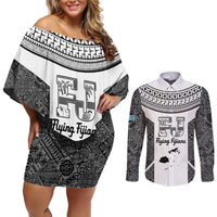 Custom Fiji Tapa Rugby Couples Matching Off Shoulder Short Dress and Long Sleeve Button Shirt Flying Fijian Black And White Version LT14 Black - Polynesian Pride