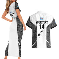 Custom Fiji Tapa Rugby Couples Matching Short Sleeve Bodycon Dress and Hawaiian Shirt Flying Fijian Black And White Version