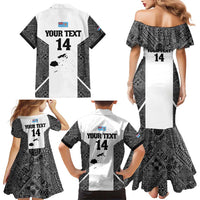 Custom Fiji Tapa Rugby Family Matching Mermaid Dress and Hawaiian Shirt Flying Fijian Black And White Version LT14 - Polynesian Pride