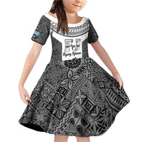 Custom Fiji Tapa Rugby Family Matching Off Shoulder Short Dress and Hawaiian Shirt Flying Fijian Black And White Version LT14 Daughter's Dress Black - Polynesian Pride