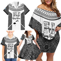 Custom Fiji Tapa Rugby Family Matching Off Shoulder Short Dress and Hawaiian Shirt Flying Fijian Black And White Version LT14 - Polynesian Pride