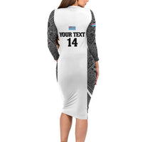 Custom Fiji Tapa Rugby Long Sleeve Bodycon Dress Flying Fijian Black And White Version LT14 - Polynesian Pride