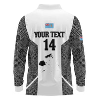 Custom Fiji Tapa Rugby Long Sleeve Polo Shirt Flying Fijian Black And White Version LT14 - Polynesian Pride