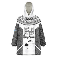 Custom Fiji Tapa Rugby Wearable Blanket Hoodie Flying Fijian Black And White Version LT14 One Size Black - Polynesian Pride