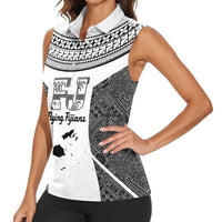 Custom Fiji Tapa Rugby Women Sleeveless Polo Shirt Flying Fijian Black And White Version LT14 - Polynesian Pride