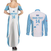Custom Fiji Tapa Rugby Couples Matching Summer Maxi Dress and Long Sleeve Button Shirt Flying Fijian Blue And White Version