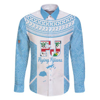 Custom Fiji Tapa Rugby Family Matching Mermaid Dress and Hawaiian Shirt Flying Fijian Blue And White Version LT14 Dad's Shirt - Long Sleeve Blue - Polynesian Pride