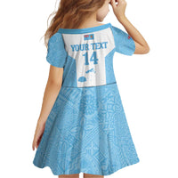 Custom Fiji Tapa Rugby Family Matching Off The Shoulder Long Sleeve Dress and Hawaiian Shirt Flying Fijian Blue And White Version