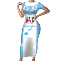 Custom Fiji Tapa Rugby Short Sleeve Bodycon Dress Flying Fijian Blue And White Version LT14 Long Dress Blue - Polynesian Pride