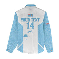 Custom Fiji Tapa Rugby Women Casual Shirt Flying Fijian Blue And White Version
