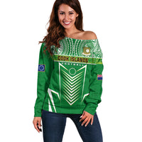 Personalised Cook Islands Football Off Shoulder Sweater Go Kuki Airani Polynesian Sporty Style LT14 Women Green - Polynesian Pride