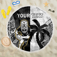 Custom Fiji And New Zealand Rugby Beach Blanket Aotearoa Silver Fern Mix Fijian Tapa Pattern LT14 One Size 150cm Black - Polynesian Pride