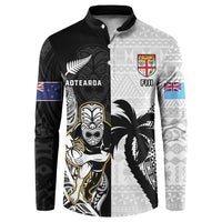 Custom Fiji And New Zealand Rugby Button Sweatshirt Aotearoa Silver Fern Mix Fijian Tapa Pattern LT14 Black - Polynesian Pride