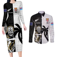 Custom Fiji And New Zealand Rugby Couples Matching Long Sleeve Bodycon Dress and Long Sleeve Button Shirt Aotearoa Silver Fern Mix Fijian Tapa Pattern LT14 Black - Polynesian Pride