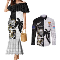 Custom Fiji And New Zealand Rugby Couples Matching Mermaid Dress and Long Sleeve Button Shirt Aotearoa Silver Fern Mix Fijian Tapa Pattern LT14 Black - Polynesian Pride