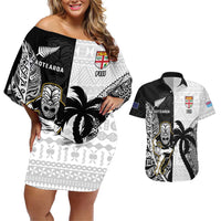 Custom Fiji And New Zealand Rugby Couples Matching Off Shoulder Short Dress and Hawaiian Shirt Aotearoa Silver Fern Mix Fijian Tapa Pattern LT14 Black - Polynesian Pride