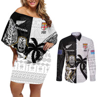 Custom Fiji And New Zealand Rugby Couples Matching Off Shoulder Short Dress and Long Sleeve Button Shirt Aotearoa Silver Fern Mix Fijian Tapa Pattern LT14 Black - Polynesian Pride