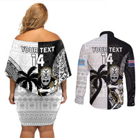 Custom Fiji And New Zealand Rugby Couples Matching Off Shoulder Short Dress and Long Sleeve Button Shirt Aotearoa Silver Fern Mix Fijian Tapa Pattern LT14 - Polynesian Pride