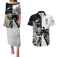 Custom Fiji And New Zealand Rugby Couples Matching Puletasi and Hawaiian Shirt Aotearoa Silver Fern Mix Fijian Tapa Pattern LT14 Black - Polynesian Pride