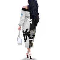 Custom Fiji And New Zealand Rugby Family Matching Off The Shoulder Long Sleeve Dress and Hawaiian Shirt Aotearoa Silver Fern Mix Fijian Tapa Pattern LT14 - Polynesian Pride