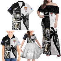 Custom Fiji And New Zealand Rugby Family Matching Off Shoulder Maxi Dress and Hawaiian Shirt Aotearoa Silver Fern Mix Fijian Tapa Pattern LT14 - Polynesian Pride