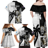 Custom Fiji And New Zealand Rugby Family Matching Off Shoulder Maxi Dress and Hawaiian Shirt Aotearoa Silver Fern Mix Fijian Tapa Pattern LT14 - Polynesian Pride