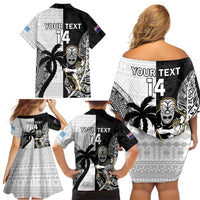 Custom Fiji And New Zealand Rugby Family Matching Off Shoulder Short Dress and Hawaiian Shirt Aotearoa Silver Fern Mix Fijian Tapa Pattern LT14 - Polynesian Pride