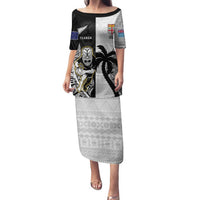 Custom Fiji And New Zealand Rugby Family Matching Puletasi and Hawaiian Shirt Aotearoa Silver Fern Mix Fijian Tapa Pattern LT14 Mom's Dress Black - Polynesian Pride