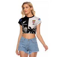Custom Fiji And New Zealand Rugby Raglan Cropped T Shirt Aotearoa Silver Fern Mix Fijian Tapa Pattern LT14 Female Black - Polynesian Pride