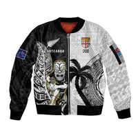 Custom Fiji And New Zealand Rugby Sleeve Zip Bomber Jacket Aotearoa Silver Fern Mix Fijian Tapa Pattern LT14 Unisex Black - Polynesian Pride