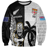 Custom Fiji And New Zealand Rugby Sweatshirt Aotearoa Silver Fern Mix Fijian Tapa Pattern LT14 Unisex Black - Polynesian Pride