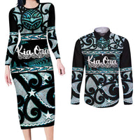 Kia Ora New Zealand Couples Matching Long Sleeve Bodycon Dress and Long Sleeve Button Shirt Aotearoa Proud Maori Paua Shell Silver Fern LT14 Black - Polynesian Pride