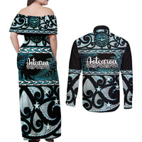 Kia Ora New Zealand Couples Matching Off Shoulder Maxi Dress and Long Sleeve Button Shirt Aotearoa Proud Maori Paua Shell Silver Fern LT14 - Polynesian Pride