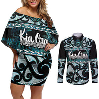 Kia Ora New Zealand Couples Matching Off Shoulder Short Dress and Long Sleeve Button Shirt Aotearoa Proud Maori Paua Shell Silver Fern LT14 Black - Polynesian Pride