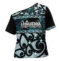 Kia Ora New Zealand Cross Shoulder Shirt Aotearoa Proud Maori Paua Shell Silver Fern LT14 - Polynesian Pride