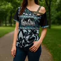 Kia Ora New Zealand Cross Shoulder Shirt Aotearoa Proud Maori Paua Shell Silver Fern LT14 - Polynesian Pride