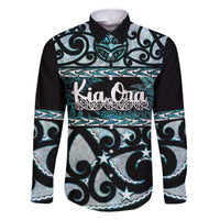 Kia Ora New Zealand Family Matching Off The Shoulder Long Sleeve Dress and Hawaiian Shirt Aotearoa Proud Maori Paua Shell Silver Fern LT14 Dad's Shirt - Long Sleeve Black - Polynesian Pride