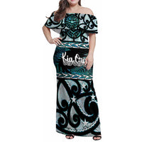 Kia Ora New Zealand Family Matching Off Shoulder Maxi Dress and Hawaiian Shirt Aotearoa Proud Maori Paua Shell Silver Fern LT14 Mom's Dress Black - Polynesian Pride