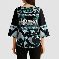 Kia Ora New Zealand Kimono Sleeve Blouse Aotearoa Proud Maori Paua Shell Silver Fern LT14 - Polynesian Pride