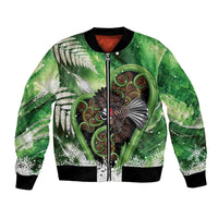 Piwakawaka New Zealand Christmas In July Bomber Jacket NZ Aroha Koru Fern Marble Vibes LT14 Unisex Green - Polynesian Pride
